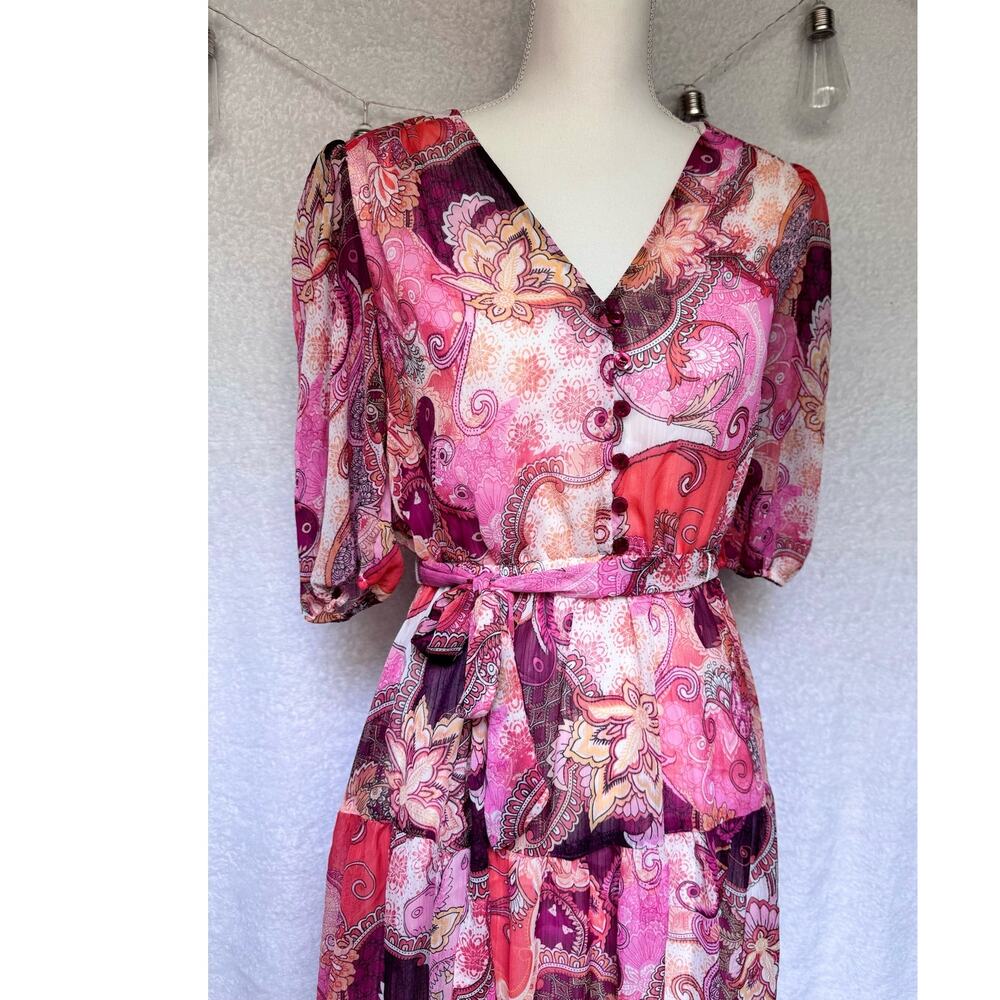 London Times Pink Paisley Button Up 3/4 Sleeve Above Knee Aline Dress - Picture 2 of 11